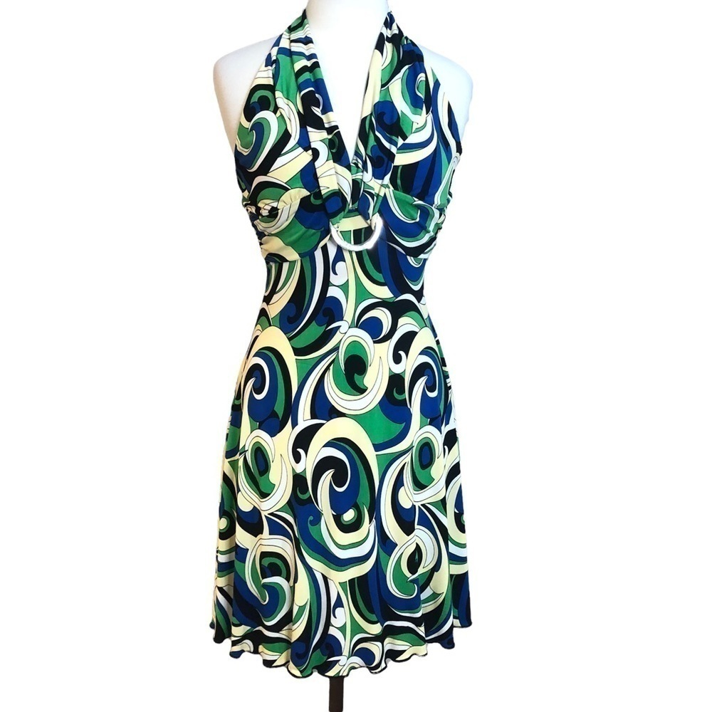 𝅺MY Michelle Y2K 2000s Groovy Swirl Print Halter Dress Size Small
